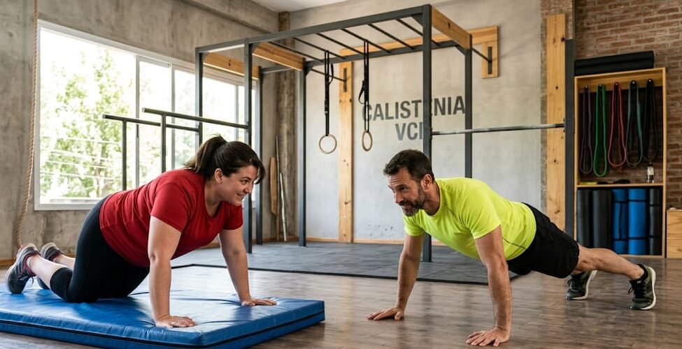 Infografía de variaciones de push ups y vectores de fuerza - OUPEN Academy